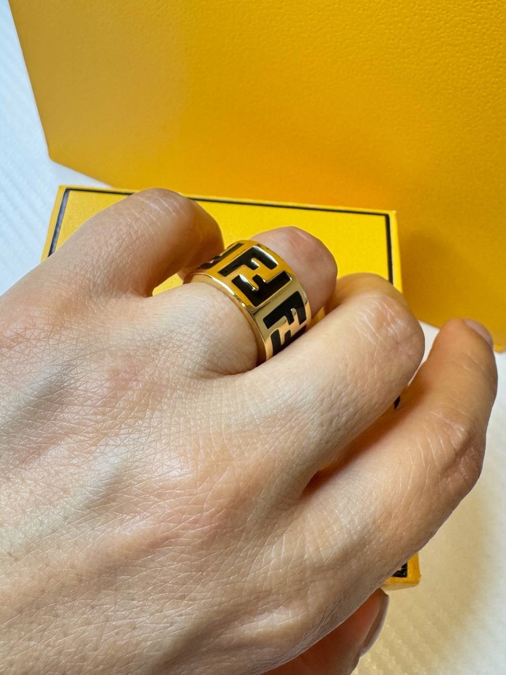 Fendi Gold and Black Logo Band Ring